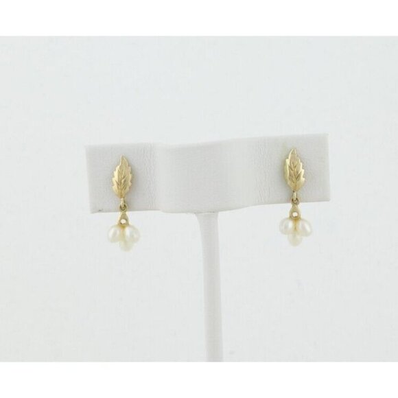 14k Yellow Gold Natural Pearl & Leaf Earrings Dangle Drop - Picture 1 of 6